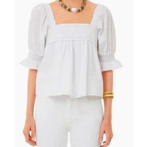 Tuckernuck White Square-Neck Smocked Ruffle Puff-Sleeve Top